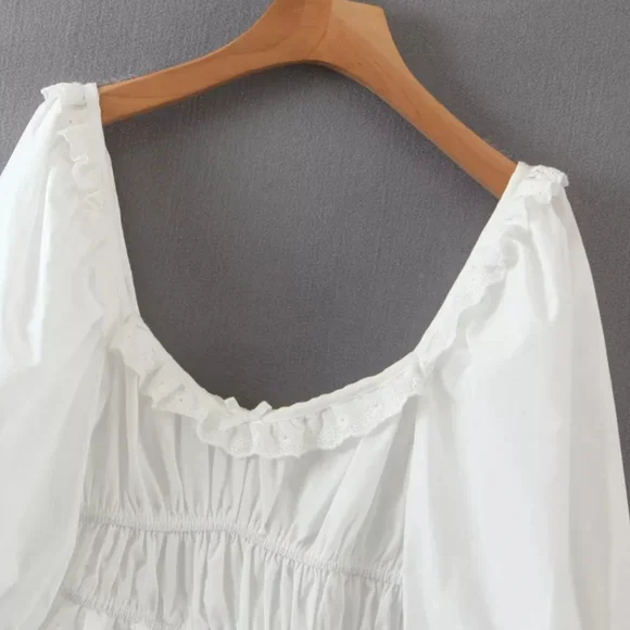 White Puff Sleeve Square Neck Dress with Lace and Ruffle Detail - Picture 9 of 16